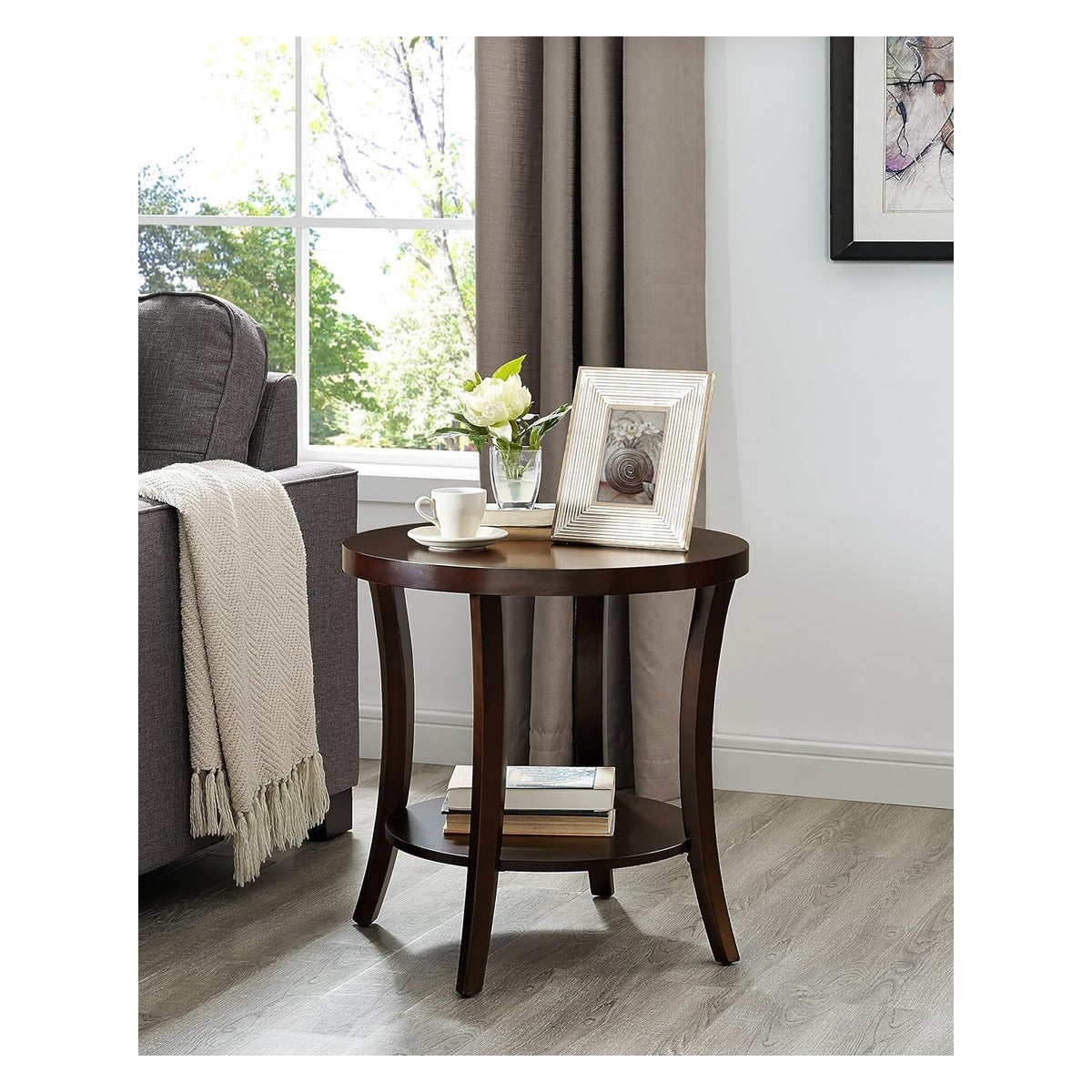 Furniture Perth Contemporary Round End Table with Shelf, Espresso - white main