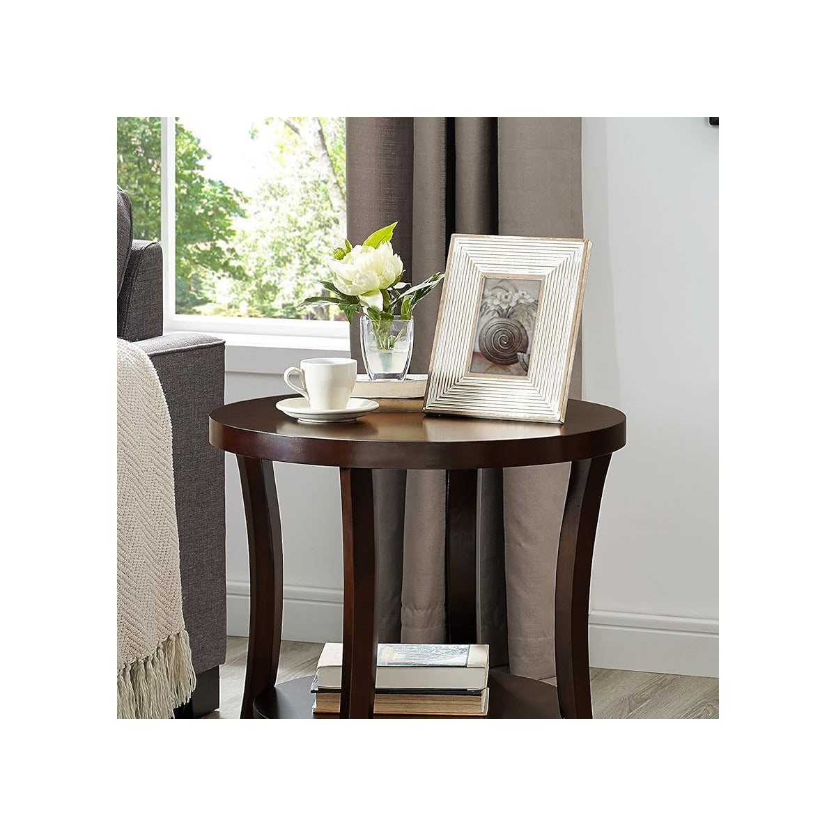 Furniture Perth Contemporary Round End Table with Shelf, Espresso - source derived detail