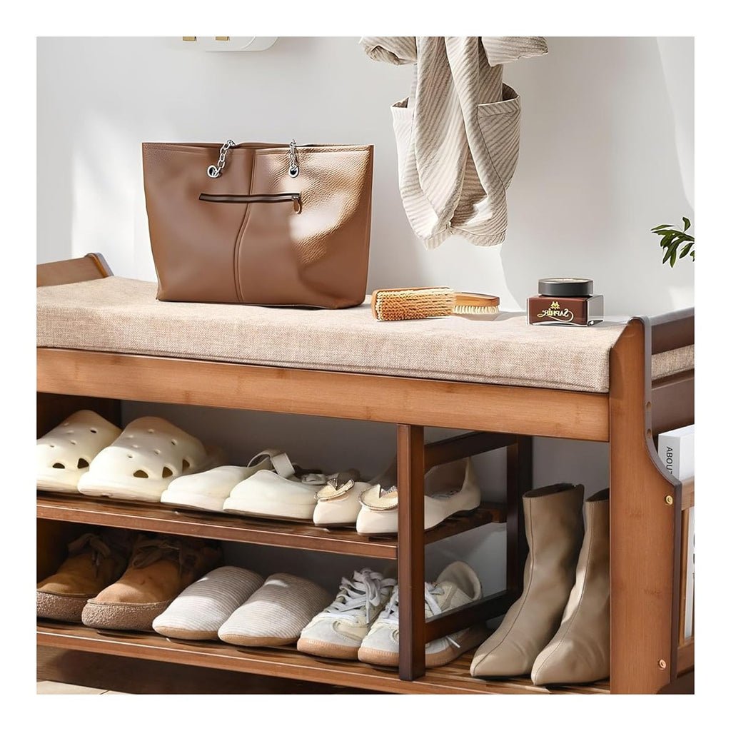 Shoe Bench with Hidden Drawer and Side Holder, 2 Tier Entryway Bench with Storage 39.4 in, Bamboo Shoe Rack with Cu - source derived detail