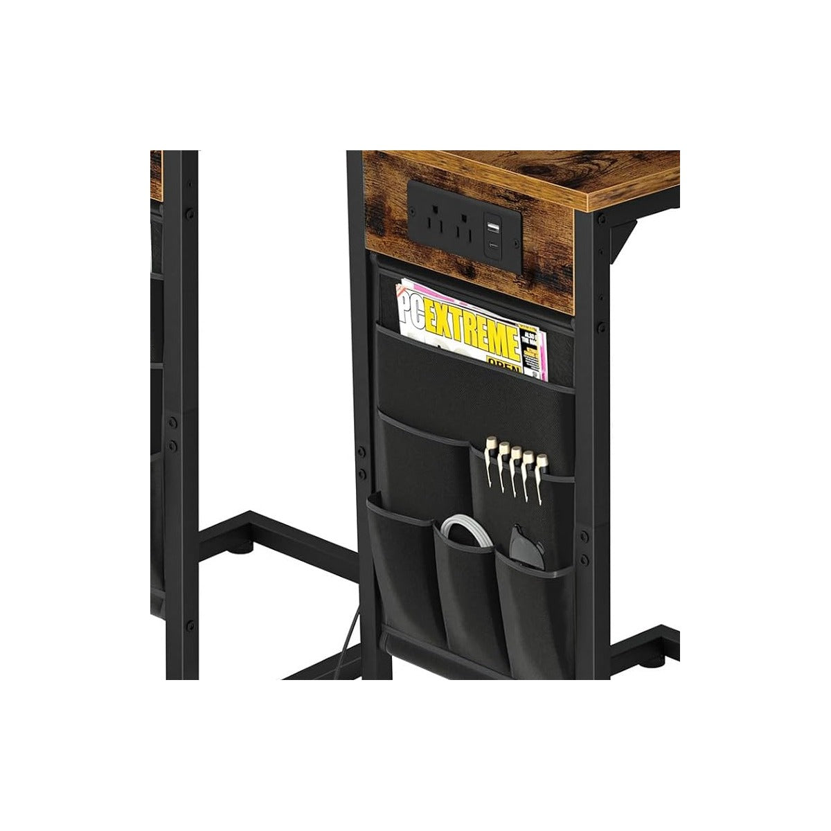 C Shaped End Table with Charging Station, Couch Side Tables that Slide Under Sofa with Storage Bag, Slim TV Tray wi - source derived closeup