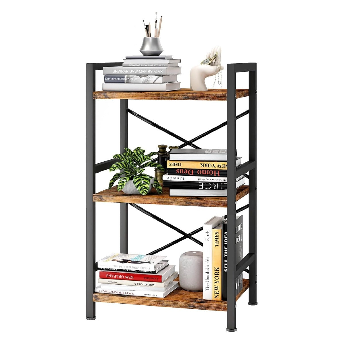 Homeiju Bookshelf, 3 Tier Industrial Bookcase, Metal Small Bookcase, Rustic Etagere Book Shelf Storage Organizer fo - white main