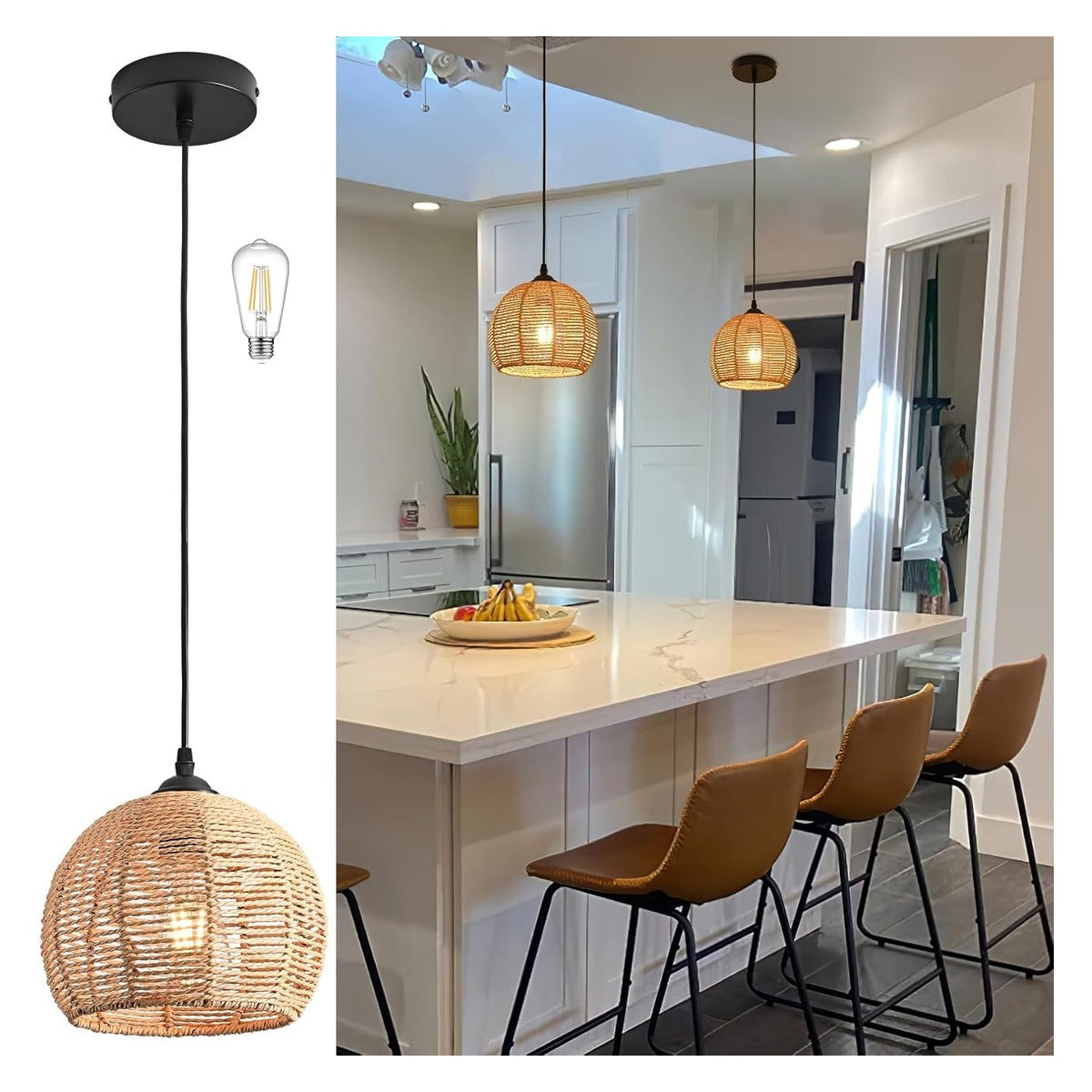 Mini Hemp Rope Woven Pendant Light Woven Light Fixture Boho Chandelier Light Fixture Wicker Pendant Light Rattan Li - white main