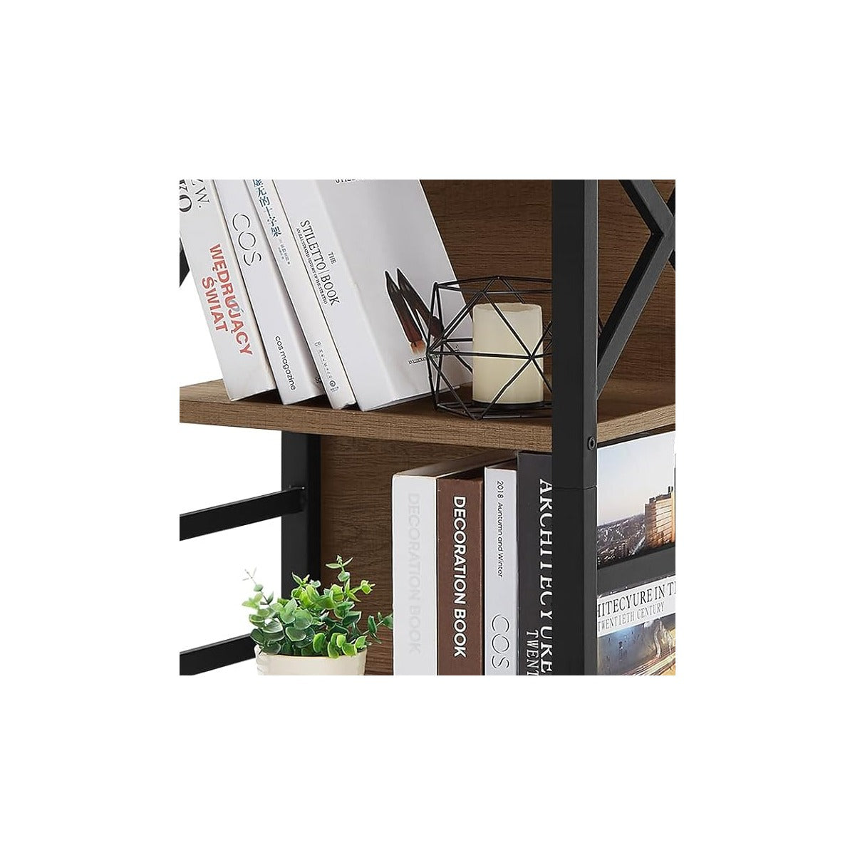 MNEETRUNG Small Bookshelf, 3 Tier Industrial Shelf with Metal Frame and Backboard, Low Rustic Brown Book Shelf, Sma - source derived detail