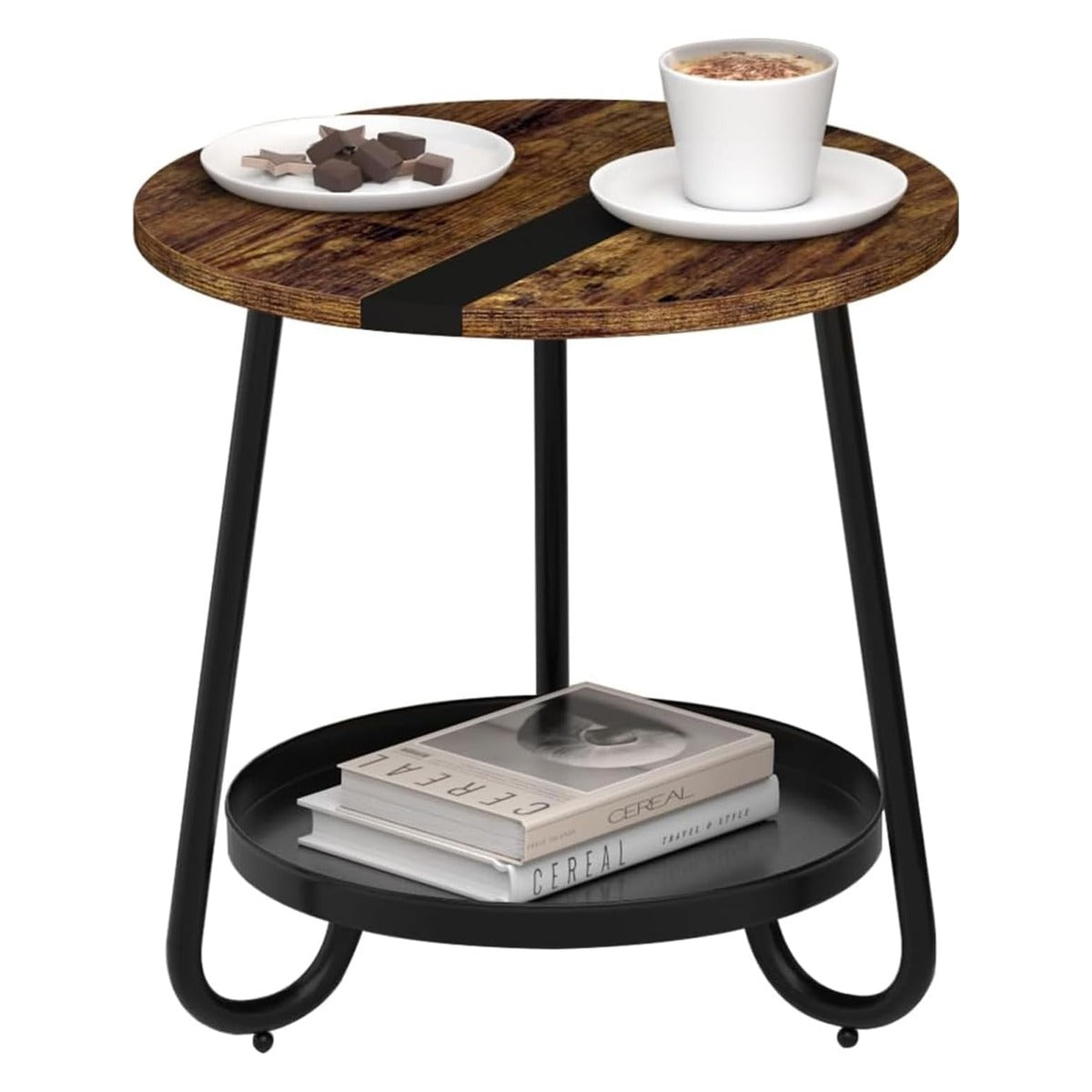 2 Tier Coffee Table in Living Room, Industrial Style Round Coffee Table with Metal Tray, Wood Small Outdoor Coffee - white main