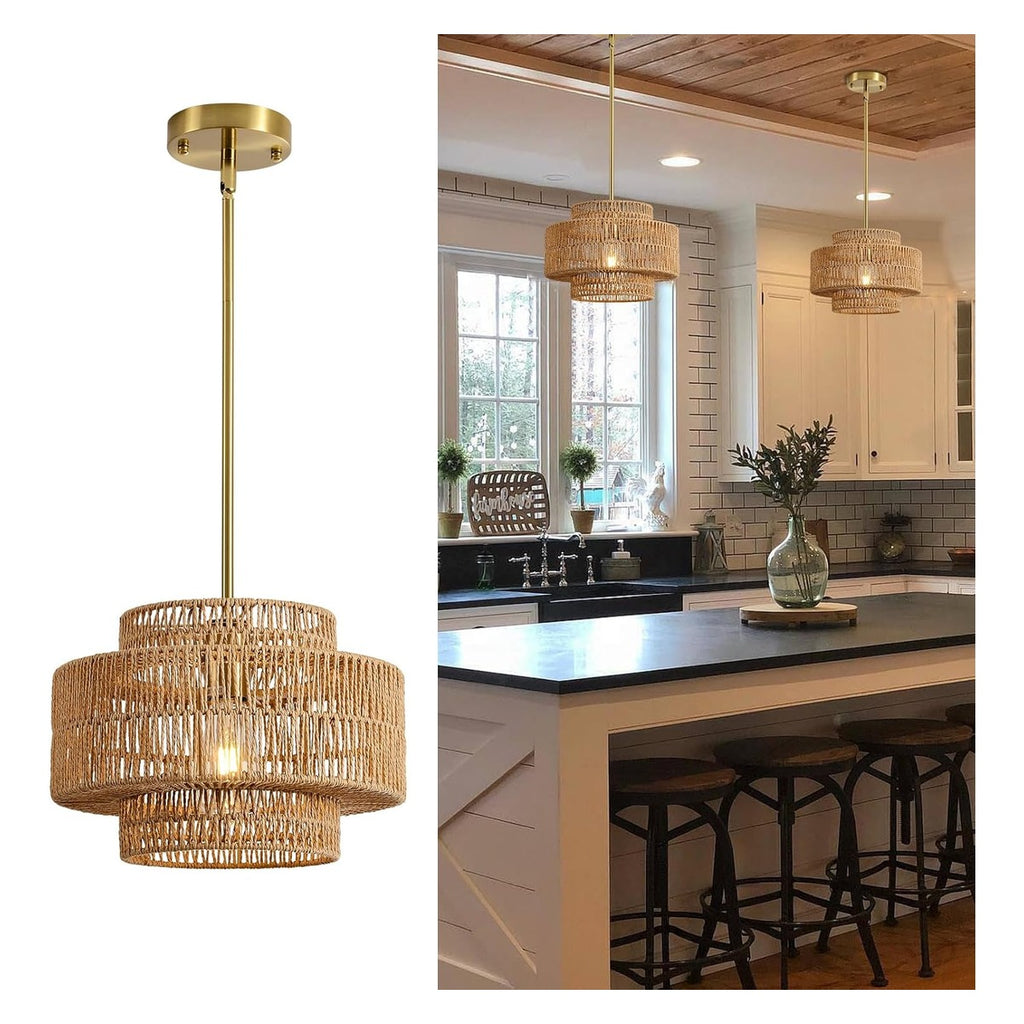 12.4” Boho Rattan Chandelier Light Fixture, 1-Light Hand Woven Pendant Light Fixture Farmhouse Rustic Hanging Lamp - white main
