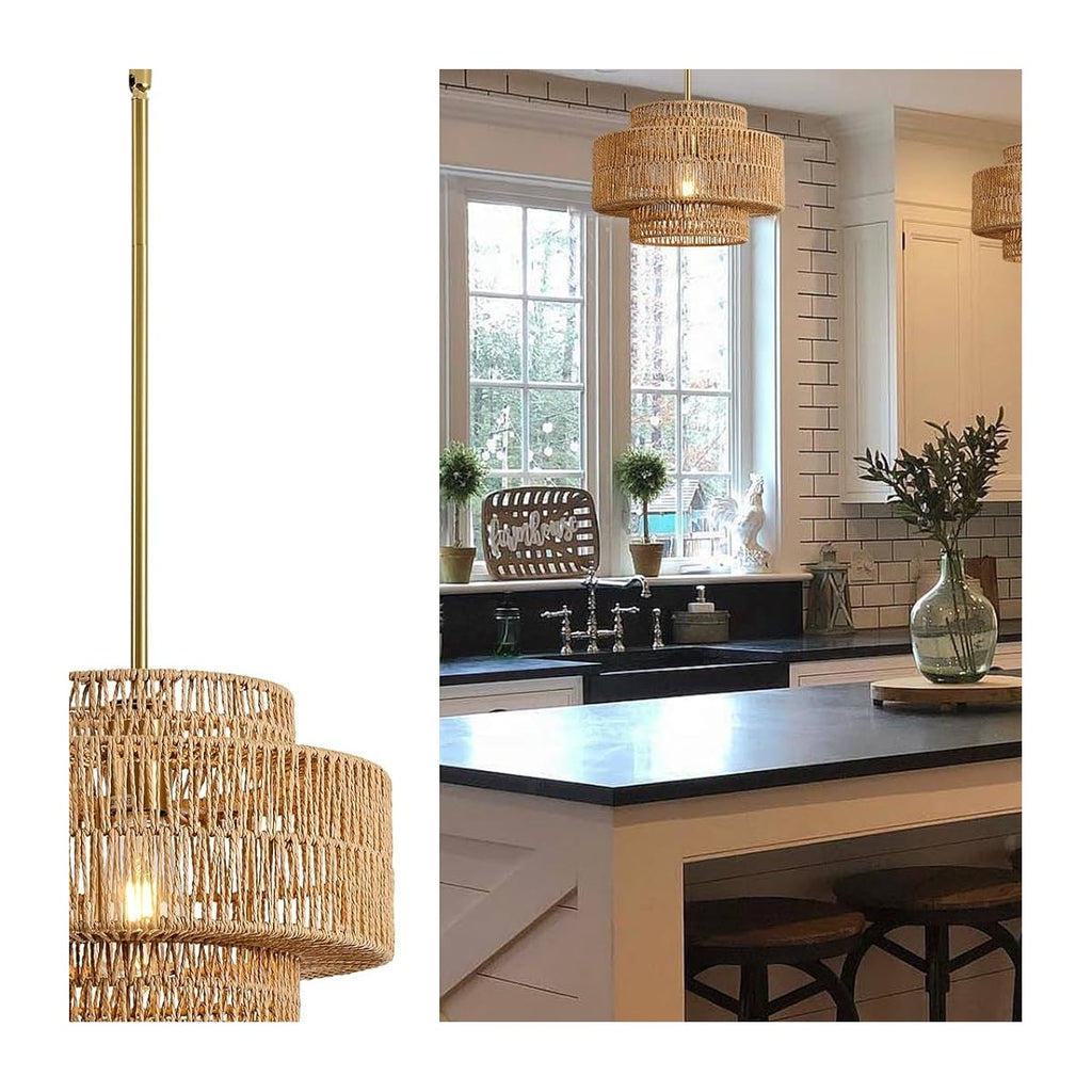 12.4” Boho Rattan Chandelier Light Fixture, 1-Light Hand Woven Pendant Light Fixture Farmhouse Rustic Hanging Lamp - source derived detail