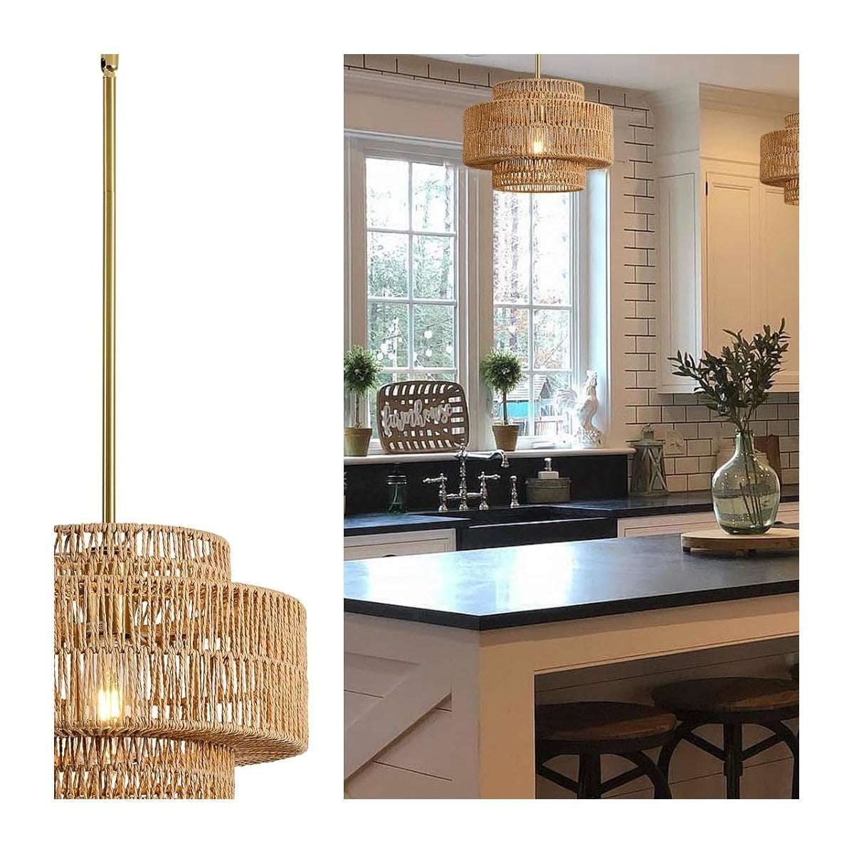 12.4” Boho Rattan Chandelier Light Fixture, 1-Light Hand Woven Pendant Light Fixture Farmhouse Rustic Hanging Lamp - source derived detail