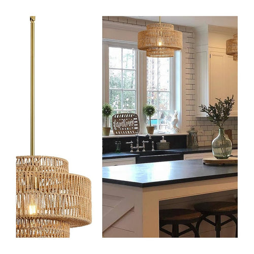 12.4” Boho Rattan Chandelier Light Fixture, 1-Light Hand Woven Pendant Light Fixture Farmhouse Rustic Hanging Lamp - source derived detail
