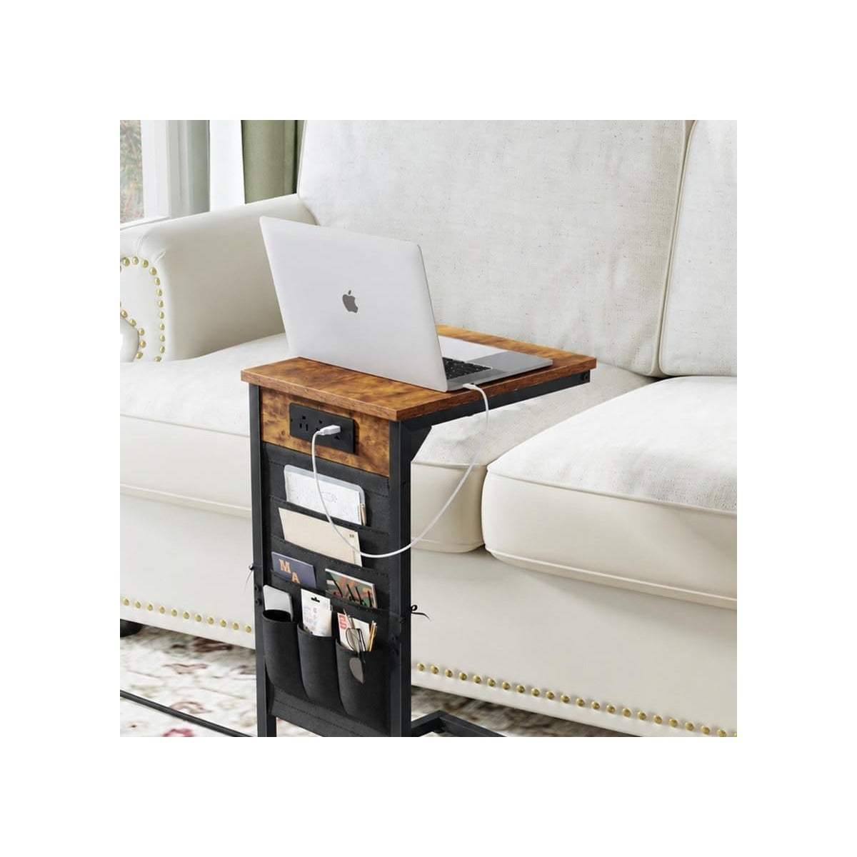 C-Shaped End Table with Fast-Charging Station, Small Couch Side Table with Storage Bag, Sofa TV Tray Table for Livi - source derived detail