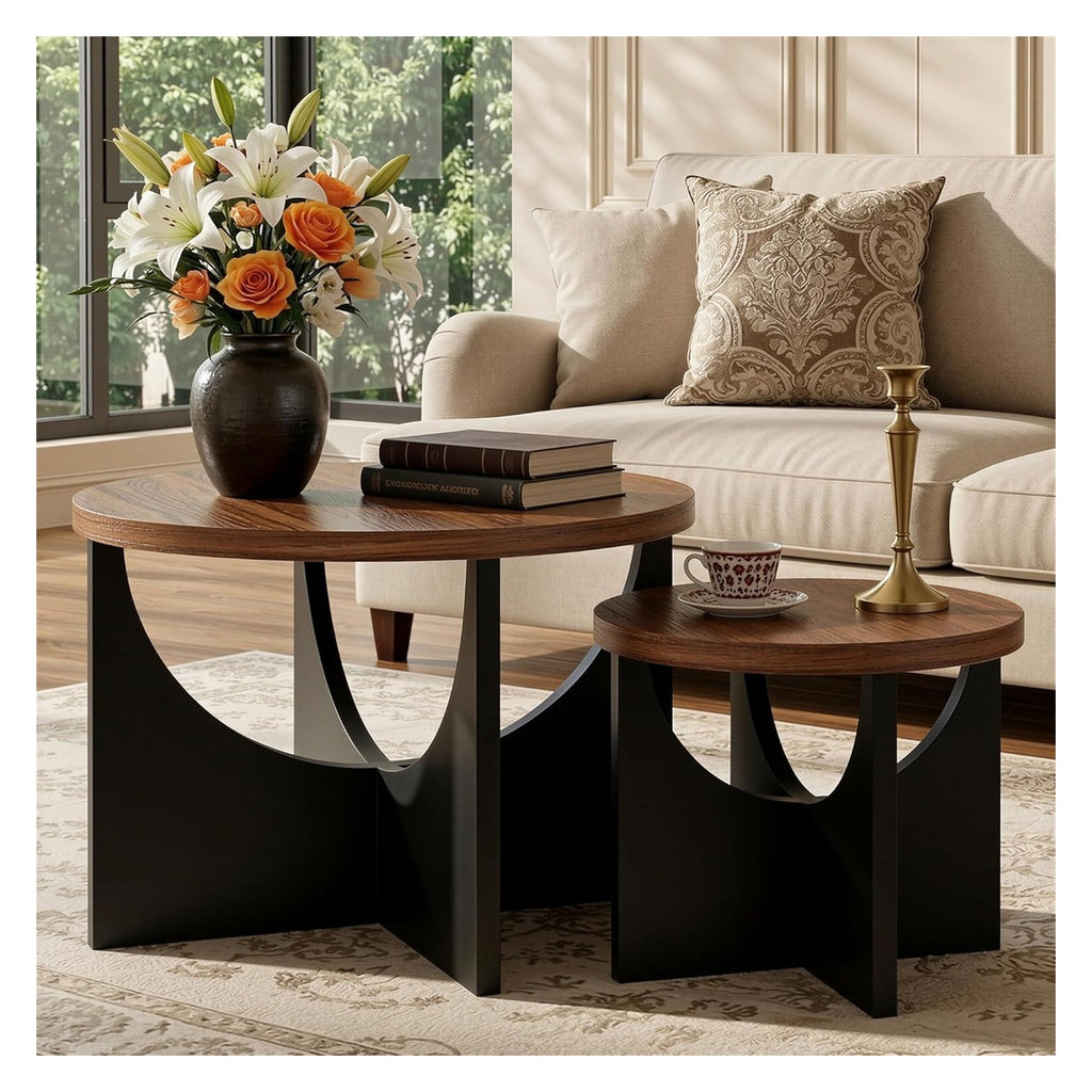 Nesting Coffee Tables Set of 2, 23.6 Small Round Side Tables for Living Room, Wooden End Table, Walnut - white main