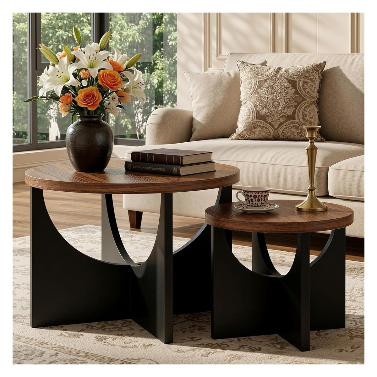 Nesting Coffee Tables Set of 2, 23.6 Small Round Side Tables for Living Room, Wooden End Table, Walnut - white main