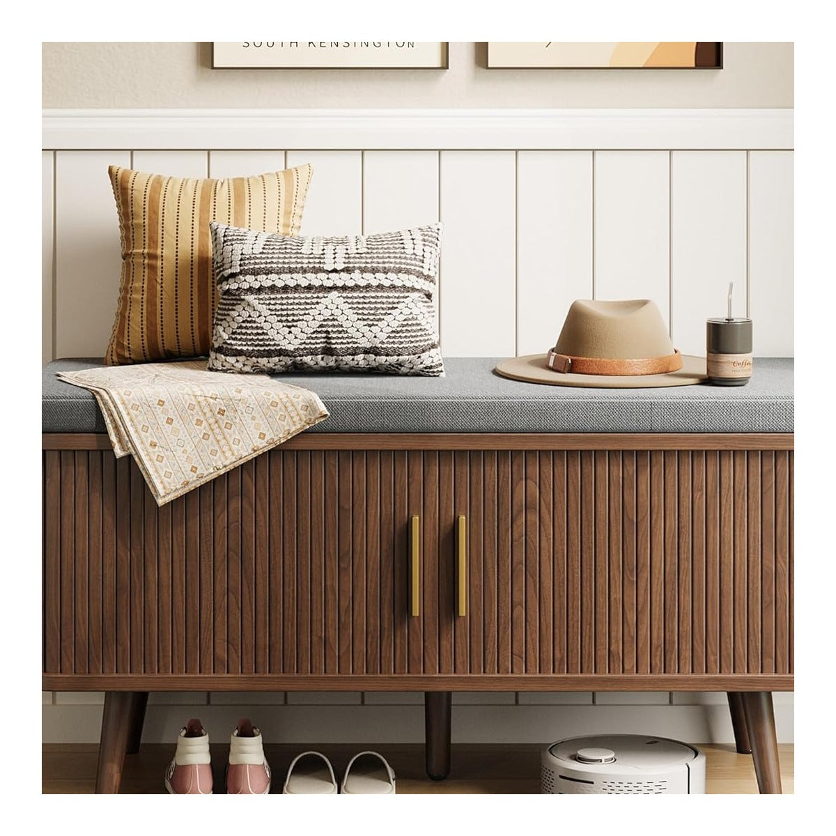 Decofy Shoe Storage Bench with Cushion and Sliding Doors, 39 Inch Shoe Bench with Storage, Freestanding Entryway Be - source derived detail