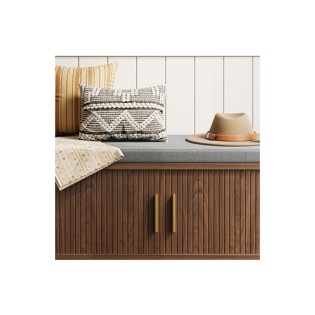 Decofy Shoe Storage Bench with Cushion and Sliding Doors, 39 Inch Shoe Bench with Storage, Freestanding Entryway Be - source derived closeup